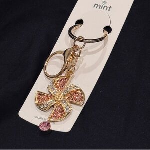 BAG CHARM Mint Pink and Clear Sparkling Gold Pinwheel Dangling Crystal Keychain